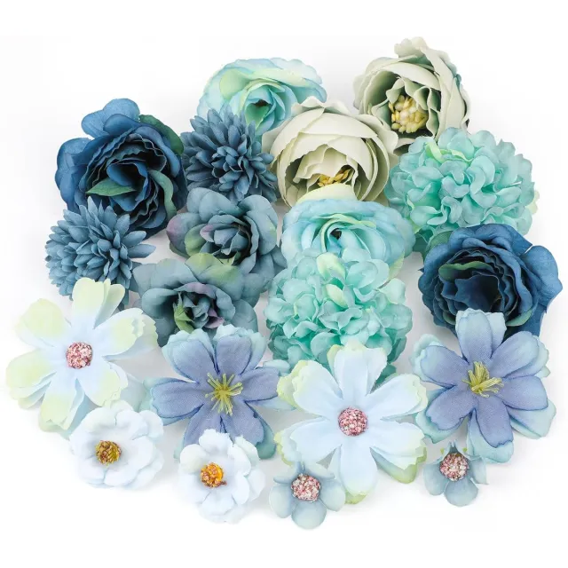 Famanu 20 Stuks kunstmatige bloemhoofden - kleine nepbloemen om te knutselen - neprozen - pioenroos - kersenbloemen - hoofden voor doe-het-zelf krans - taart - bruiloft - boeket - feest - huis - tuindecoratie Blauw