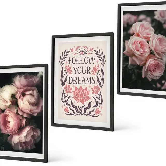 Coloray 3-Delige Schilderij Set - Vintage Rozen Met De Inscriptie 'Over Dromen'. - 40 x 60 cm - Wanddecoratie - Moderne Interieurdecoratie Zwarte lijst