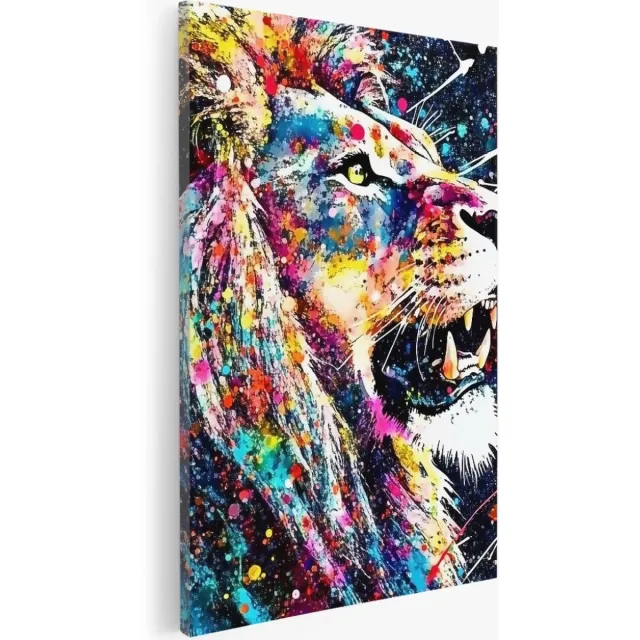Saammp Canvas Schilderij - Kleurrijke Leeuw - verfspetters - Abstract - 40x60 - Foto op canvas - Wanddecoratie - Muurdecoratie Woonkamer - Slaapkamer decoratie - Canvas Print Multicolor