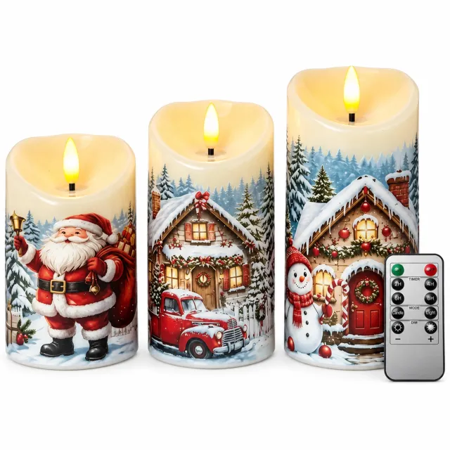SWGOTA led kaarsen, set van 3 met afstandsbediening, sneeuwdecor en schuine bovenrand, warm licht, zonder batterijen Crèmewit