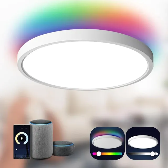 anten Smart LED Plafondlamp Rond Wit - Dimbaar met RGB Sfeerlicht - 2800 Lumen - Plafoniere - Plafondlampen - Bediening via App, Afstandsbediening & Wandbediening - Plat Design voor Woonkamer & Slaapkamer