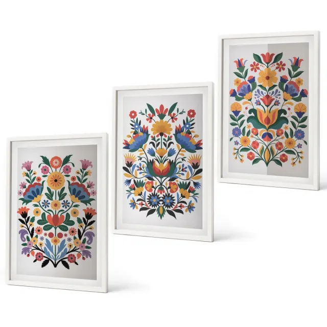 Coloray 3-Delige Schilderij Set - Bloemmotieven In Intense Kleuren Op Een Witte Achtergrond. - 40 x 60 - Muurdecoratie - Interieur Decoratie - Stijlvolle Muurdecoratie Witte lijst