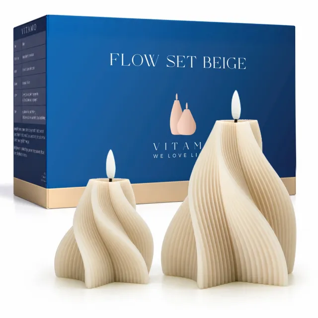 VITAMO Flow Set - LED Kaarsen met Echte Wax en Realistische Flikkering - Met Timerfunctie - Natuurlijke en Sfeervolle Uitstraling - Flow - Beige (2 Stuks)