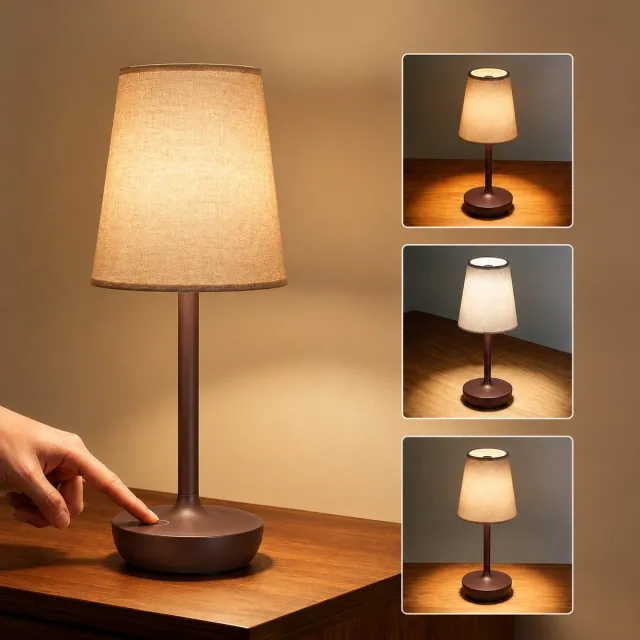 CreateEcom lamp - nachtlampje - tafellamp - Oplaadbare LED Tafellampen - Klassieke Lamp 3 Kleuren - Dimbaar USB - Stoffen Lampenkap bruin