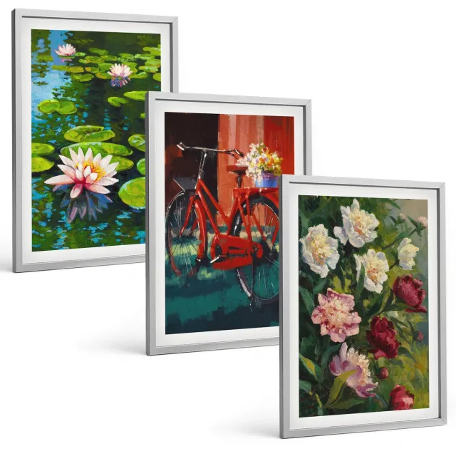 Coloray 3-Delige Schilderij Set - Lelies Op De Waterfiets In De Tuin, Kleurrijke Bloemen - 40 x 60 cm - Wanddecoratie - Muurdecoratie - Woonkamer - Moderne Wanddecoratie Zilveren lijst
