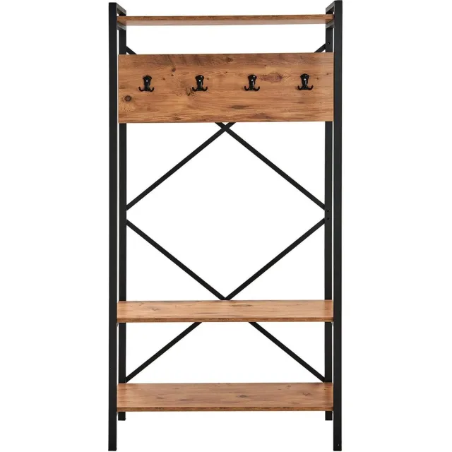 Musson Garderoberek – 180x90x34 cm – Kapstok met Schoenenrek – 4 Haken & 2 Roosterplanken – Industrieel Hout en Metaal – Houtlook & Zwart Staal – Hal Meubel