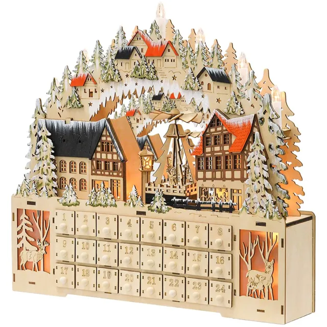 Sweiko Adventskalender - Kerstdorp - LED-verlichting - 24 lades - Herbruikbaar naturel hout