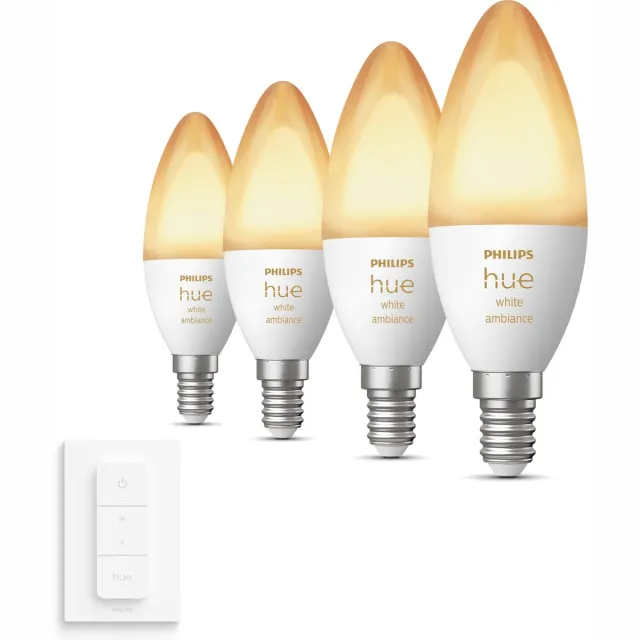 Philips Hue Uitbreidingspakket - E14 - met 4 Kaarslampen - Warm tot Koelwit Licht - Incl. 1 Hue Dimmer Switch - Hue White Ambiance