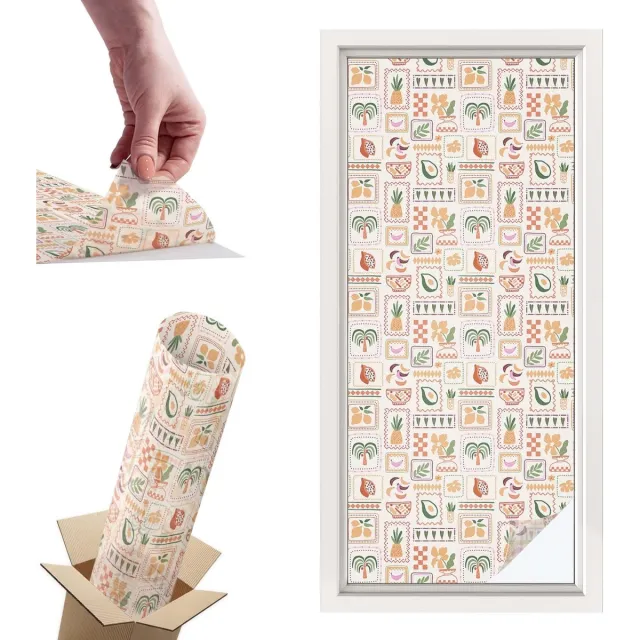 TULUP Raamfolie Anti inkijk - Folkloristische patronen Privacy Folie Raam - 50x116 cm - Beige Anti inkijk Folie - Raamfolie Tegen inkijk Glas in Lood - Voor de keuken, hal en woonkamer - Raamfolie Zonwering