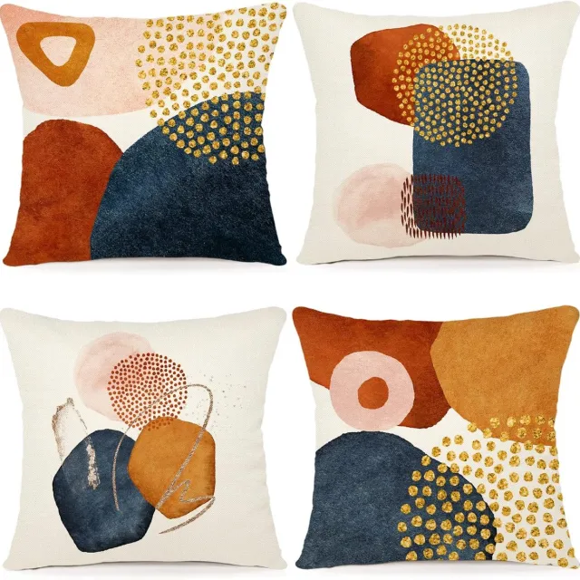YAGXIG Decoratieve kussenslopen - Kussenhoezen - Kussenslopen 45 x 45 cm - Linnen - Geometrisch patroon - Decoratieve kussenslopen voor bank/slaapkamer/buiten - 4 stuks abrikoos