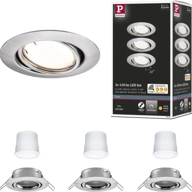 Paulmann LED-inbouwlamp Smart Home Zigbee 3.0 Base Coin Basisset zwenkbaar rond 90 mm 20° Coin 3x4,9W 3x430lm 230V dimbaar 3000K Staal geborsteld