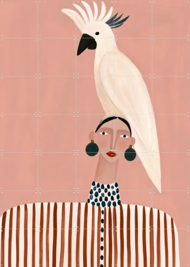 IXXI Cockatoo Couture, Atelier Pommeline - 100 x 140 cm - Grote wanddecoratie en posters - Modern, Cartoonesk, Illustraties, Woonkamer, Slaapkamer Roze / Wit