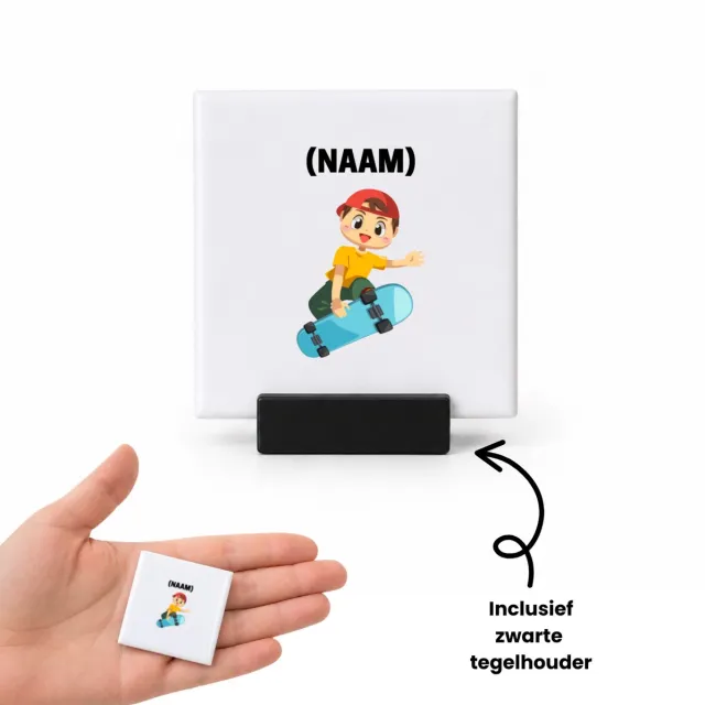 Hacebo Skateboarden met eigen naam tegeltje met tegelhouder - Sport - Skateboarder - tegeltjes met tekst - Skaten - spreuktegels - 4.8x4.8 CM Wit