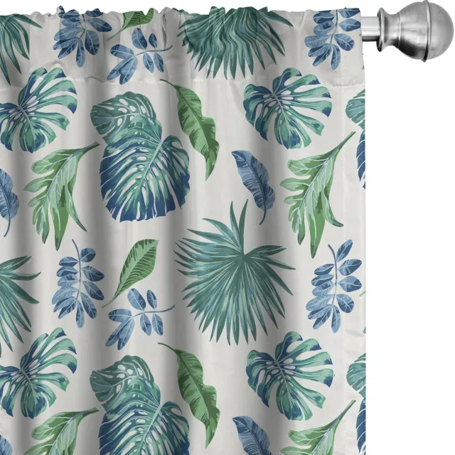 ABAKUHAUS Groene Monstera Gordijnen – 2x75x175 cm – Microvezel Turkoois Marineblauw