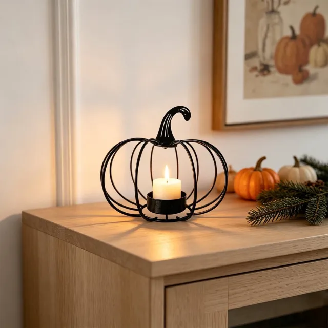 Ulisem IJzeren Pompoen Kandelaar Halloween Decoratie - Metalen Jack-o-Lantern Kaarsenstandaard - Tafelornament Voor Eettafel - Haard Mantel - Zwart