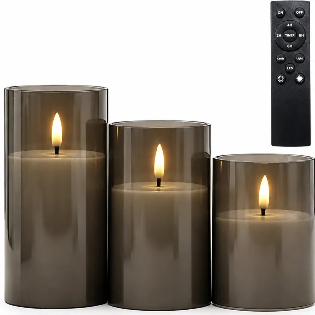 SWGOTA led kaarsen, grijze set van 3 met grote afstandsbediening, warme vlamvormige verlichting, cilindervormig voor kerst- en bruiloftdecoratie Grijs