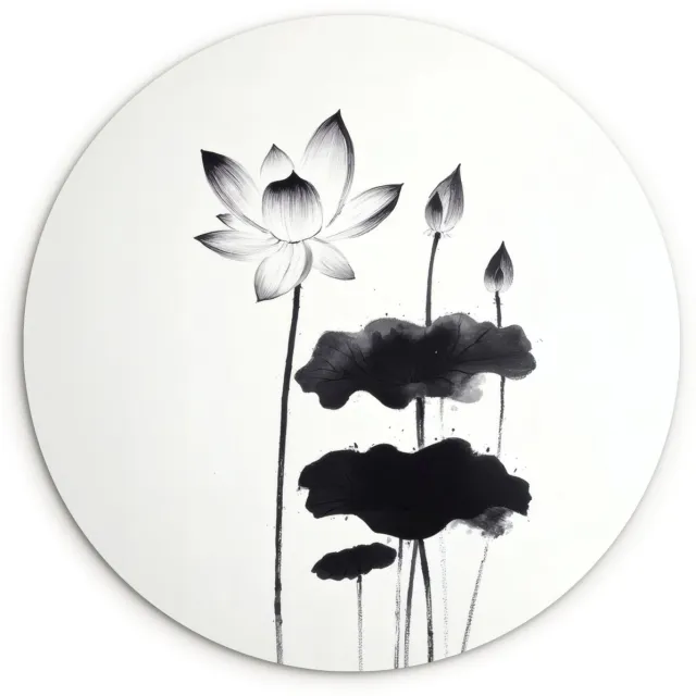 WallCircle Wandcirkel 140x140 cm - Muurcirkel Bladeren - Zwart - Lotusbloem - Minimalitisch - Muurdecoratie woonkamer - Wanddecoratie slaapkamer - Kamer decoratie accessoires - Ronde schilderijen Bladeren - Lotusbloem