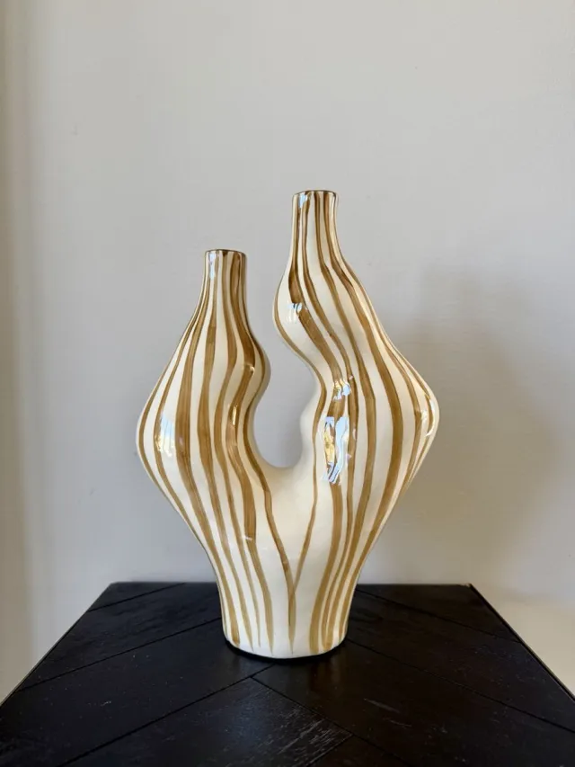 Life Deco Vaas organic stripes stoneware terra 22.5x9.5x33 Wit