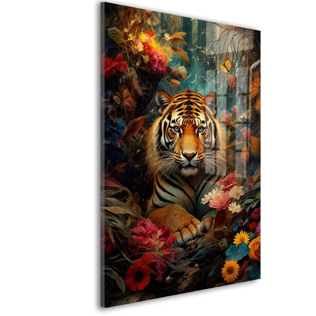 De Online Drukwinkel Glasschilderij Tijgerbloei in mystiek - 120 x 80 cm - Tijger - Dierenhoofden;Bloemen en Planten - Acrylaat - Inclusief wandbevestiging - Foto op plexiglas - Wanddecoratie woonkamer – Modern – Modern Oranje