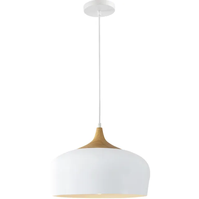 QUVIO Hanglamp Scandinavisch - Rond metaal met een houtlook - Diameter 33 cm - Wit en bruin