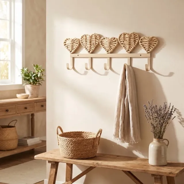 Ulisem Wandhaak - Bohemian stijl wandkapstok met 5 haken - 15 inch groot - Met handgeweven harten van rotan - Gemaakt van stevig ijzer - Voor hal, gang, badkamer en slaapkamer - Incl montagemateriaal - Eenvoudig te installeren - Bespaart ruimte kaki