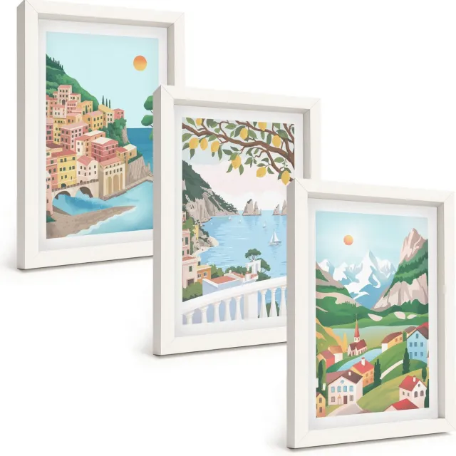 TULUP 3-Delige Schilderij Set - Uitzicht op zee met pastelkleurige huizen - 20x30 - Wanddecoratie - Moderne Interieurdecoratie Witte lijst