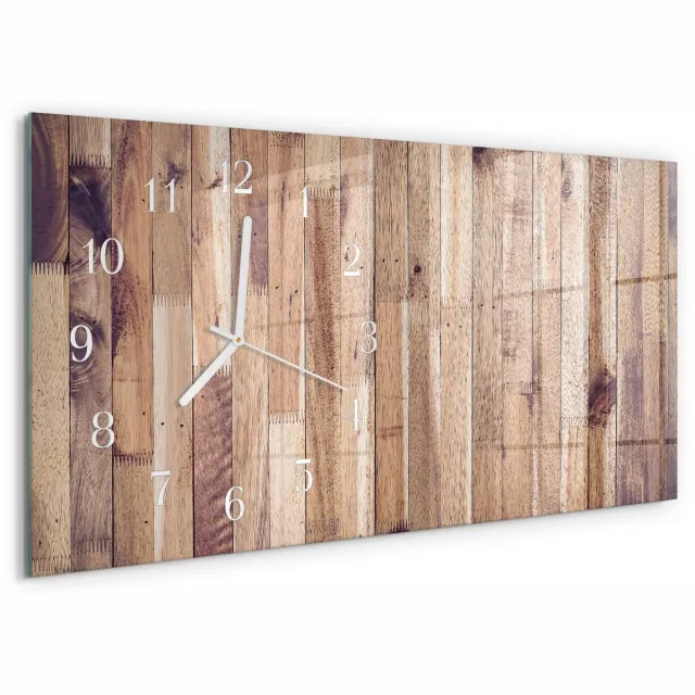 TULUP Wandklok - Houten planken Moderne Wandklok Glas - 60x30 cm - Bruin Wandklok Glas Decoratie - Witte Handen - Rechthoekige Wandklok - Wandklok Glas Met Motief - Decoratieve Glazen Klok