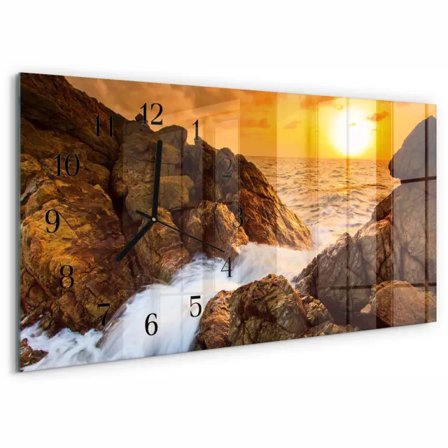 TULUP Wandklok - Zonsondergang Moderne Wandklok Glas - 60x30 cm - Oranje Wandklok Glas Decoratie - Zwarte Handen - Rechthoekige Wandklok - Wandklok Glas Met Motief - Decoratieve Glazen Klok Oranje - Zonsondergang