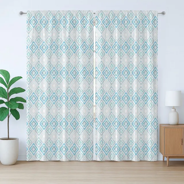 ABAKUHAUS Ikat rustiek gordijn, Azteekse culturele motieven, slaapkamergordijn met lussen en haken, 280 x 225 cm, blauw, lichtgrijs, wit