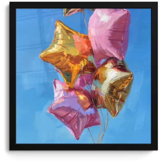 FrameYourWall Poster in lijst - Fotolijst 40x40 cm - Posters - Ballonnen - Goud - Stervorm - Roze - Posterlijst zwart - Decoratie - Wanddecoratie woonkamer - Muurdecoratie slaapkamer