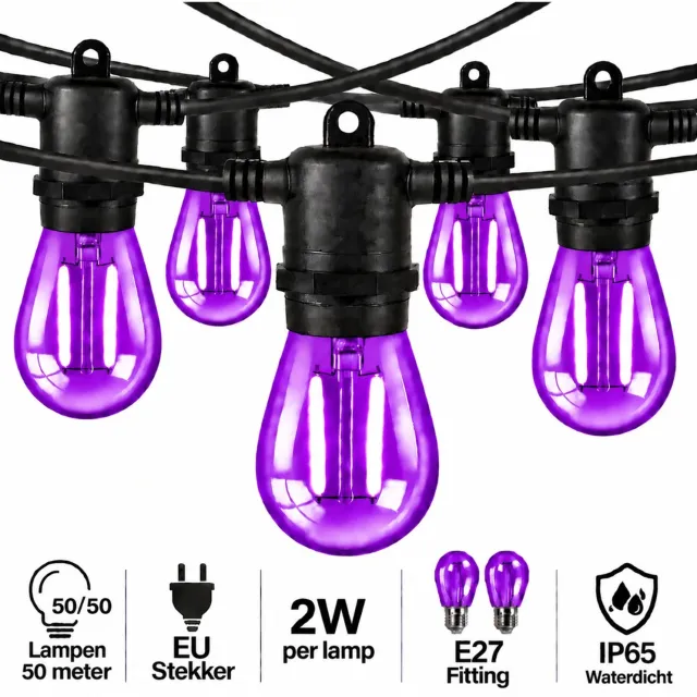 Wantohave Lichtsnoer Feestverlichting Buiten - 50 Meter - 50 LED Filament Lampen - E27 Fitting - 2W - Paars - IP65