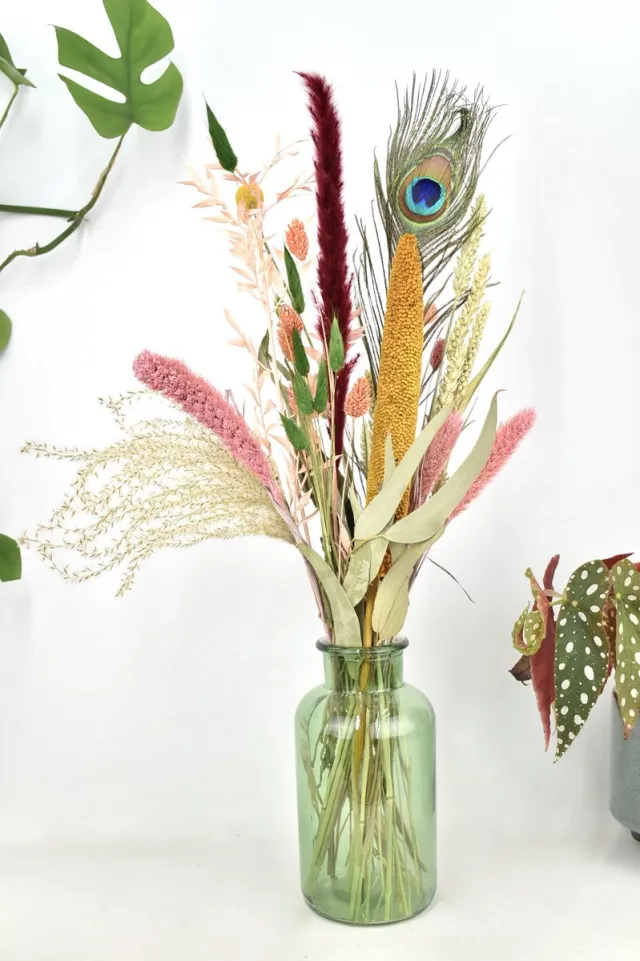 Natuurlijk Bloemen Droogbloemen met vaas - Droogbloemen boeket - Vaas met droogbloemen - Droogbloemen cadeau - Natuurlijk Bloemen Groen