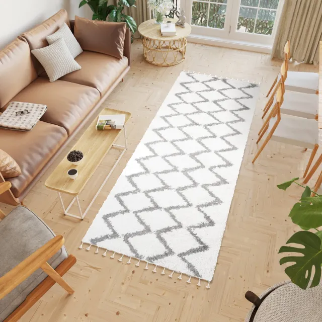 Tapiso Boho Loper Beige Grijs Hoogpolig Kwastjes Woonkamer Vloerkleed Maat- 100x400 Lichtbeige Grijs