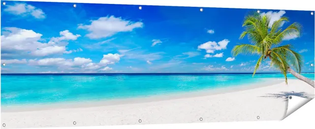 Gards Tuinposter Tropisch Strand met een Palmboom - 210x70 cm - Tuindoek - Tuindecoratie - Wanddecoratie buiten - Tuinschilderij Multikleur