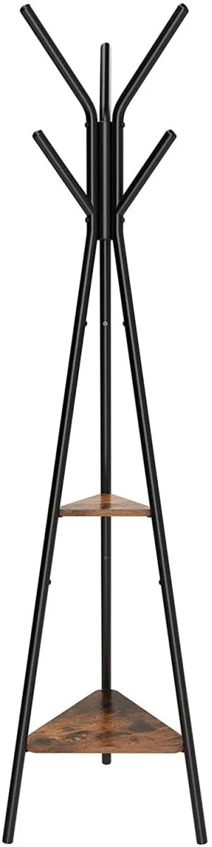 LEOBERT Staande Kapstok met Planken – Zwart/Rustiek Bruin – 6 Haken – Vloerkapstok zwart/bruin