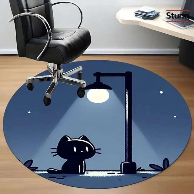 Stunq Rond vloerkleed met nachtkattenprint, antislip bureaustoelmat, decoratief tapijt Blauw