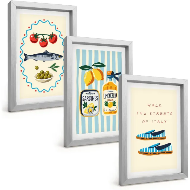 TULUP 4-Delige Schilderij Set - Italiaanse smaken en levensstijl in kleurrijke afbeeldingen - 20 x 30 cm - Muurdecoratie - Wanddecoratie - Hal - Interieur Decoratie Zilveren lijst