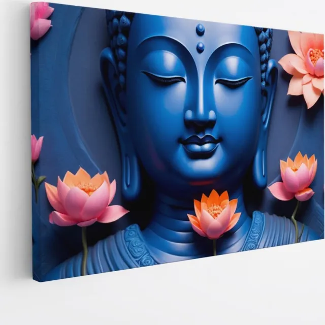 Saammp Canvas Schilderij - Boeddha met roze bloemen - 100x75 - Foto op canvas - Wanddecoratie - Muurdecoratie Woonkamer Multicolor