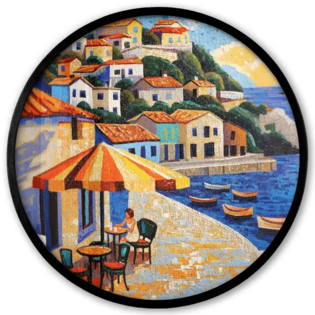 FrameYourWall Poster in lijst Rond - Fotolijst 40x40 cm - Posters - Kustdorp - Huisjes - Mozaïek - Zee - Ronde posterlijst zwart - Decoratie - Wanddecoratie woonkamer - Muurdecoratie slaapkamer Zee - Dorp - Mozaïek