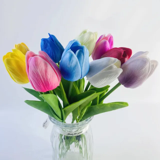JMKA Kunstbloemen- bloemen- tulpen kunstbloemen- kunstbloemen voor binnen- kunstplant- Nepbloemen- boeket- tulpen- 10 stuks regenboog