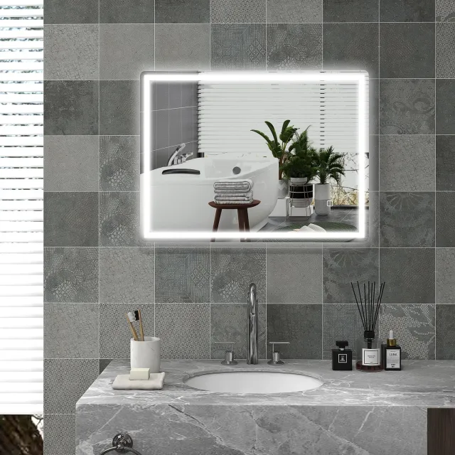 HAUSS SPOLE Badkamerspiegel Dimbaar – 60 x 80 cm – Glas en Aluminium – Zilver – Met Ledverlichting, Aanraakbediening en Anticondensfunctie