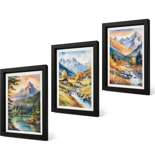 Coloray 4-Delige Schilderij Set - Berglandschap met een rivier en huisjes in herfstkleuren. - 20 x 30 cm - Wanddecoratie - Schilderijen Set - Kantoor - Woonkamer Decoratie Zwarte lijst
