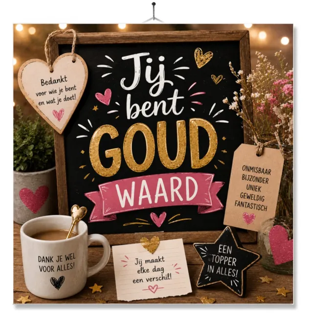 MC Living Tegel Met Opdruk | Jij Bent Goud Waard | Cadeau | Inclusief Geschenkdoos | Standaard | Ophangsysteem Multi-Color