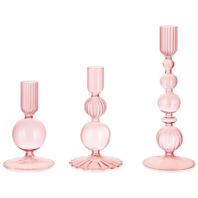 longziming Kerzenhouders - Borosilicaatglas - Handgeblazen Vintage Design Met Streepjes / Brede Basis - 3 Stuks - Tafeldecoratie Roze