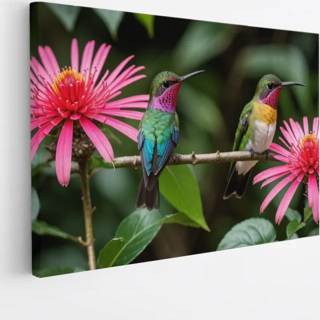 Saammp Canvas Schilderij - 2 Kolibries - Dieren - Bloemen - 50x40 - Foto op canvas - Wanddecoratie - muurdecoratie Woonkamer - Slaapkamer decoratie - Canvas Print Multicolor