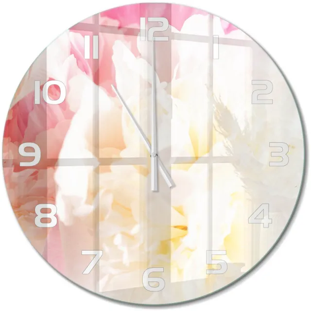 TULUP Wandklok - Pioen Klok Glas Met Opdruk - fi60 cm - Roze Moderne Wandklok Glas - Witte handen - Ronde Klok - Decoratieve Glazen Klok - Glazen Wandklok Design