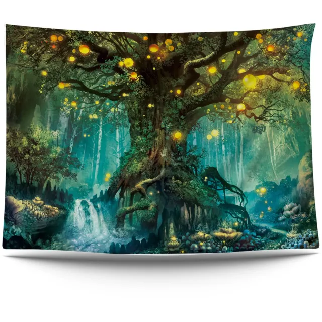 Ulticool Wandkleed 200x150 cm – Sprookje Elf Boom Bos Natuur – Met Bevestigingspinnen - voor Binnen / Buiten - Tuinposter Wandtapijt Decoratie Sprookjesboom Waterval Jungle - Idee Decoratie Buiten Versiering Groen