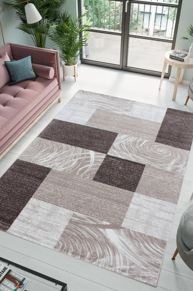flycarpets Jaden Modern Vloerkleed Geblokt - Bruin / Beige / Creme - 200x290 cm - Laagpolig Tapijt Woonkamer