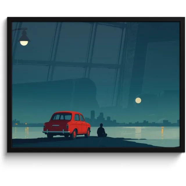 FrameYourWall Poster in lijst - Fotolijst 70x50 cm - Posters - Auto - Volle maan - Uitkijkend over water - Posterlijst zwart - Decoratie - Wanddecoratie woonkamer - Muurdecoratie slaapkamer Water - Maan