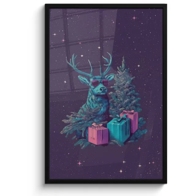 FrameYourWall Poster in lijst - Fotolijst 60x90 cm - Posters - Rendier - Zonnebril - Neon - Kerstboom - Posterlijst zwart - Decoratie - Wanddecoratie woonkamer - Muurdecoratie slaapkamer - Kerstversiering - Kerstdecoratie voor binnen - Kerstmis